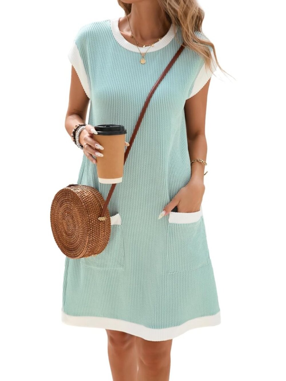 Women's Green Casual Ribbed Textured Cap Sleeve T-Shirt Dress Crewneck Sundress